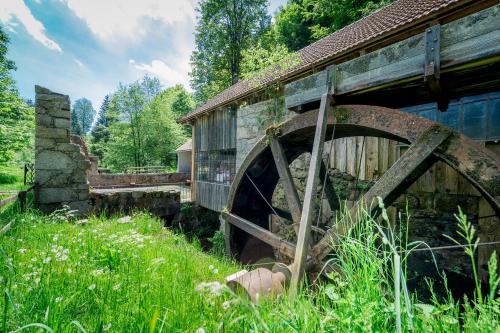 an old wooden bridge in the middle of a field at Köpplmühle Apartment in Freistadt
