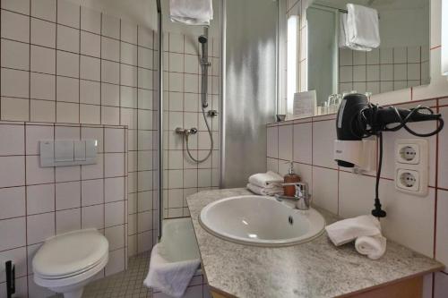 a bathroom with a sink and a toilet at Hotel Roter Hahn in Regensburg