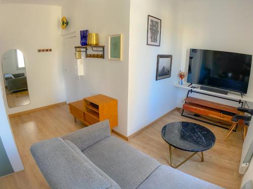 un salon avec un canapé et une télévision à écran plat dans l'établissement Nouveau Appartement L'Authentique Montpellier Centre Ville Proche Gare, à Montpellier