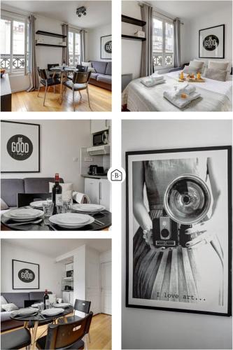 un collage de photos d'une chambre avec un lit et une table dans l'établissement Bluestay 238 - Superbe appartement à Paris, à Paris