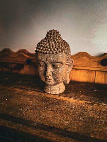 a statue of a head sitting on a table at Smart Hotel Reserva Campos do Jordão in Campos do Jordão