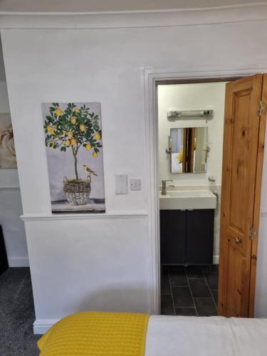 a bathroom with a sink and a picture of a tree at Virginia Cottage Guest House in Bowness-on-Windermere