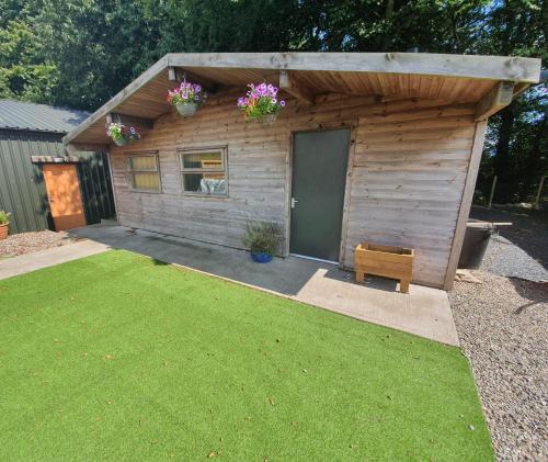 a small wooden cabin with flowers on the roof at The Little Lodge is a cosy luxury hideaway.. in Gaerwen