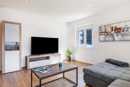 a living room with a couch and a flat screen tv at Apartments Winder in Lustenau