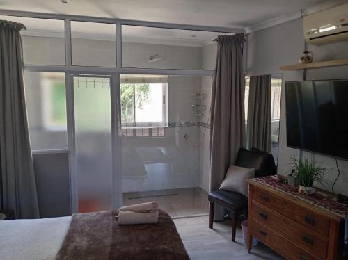 a bedroom with a bed and a tv and a chair at Walmer Heights Guest House in Port Elizabeth