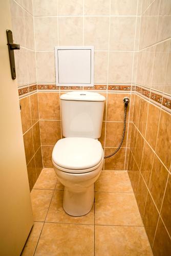 a bathroom with a toilet in a tiled room at Hotel Zimní stadion Náchod in Náchod
