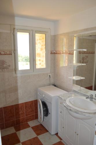 une salle de bain avec une machine à laver et un lavabo dans l'établissement Gîte de la brasserie, à Prayssac