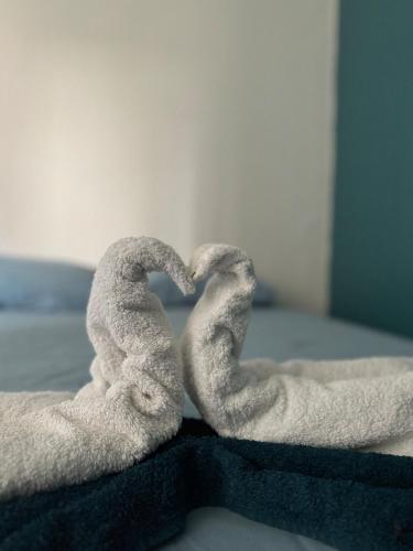 deux serviettes en forme de cœur posées sur un lit dans l'établissement Azur Sigean, à Sigean