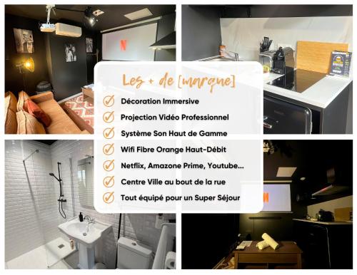 un collage de photos d'une salle de bains avec lavabo dans l'établissement Cinéma Room - Immersion Total pour Cinéphile !, à Villeneuve-sur-Lot
