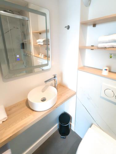 a bathroom with a sink and a mirror at Hôtel Le Goëlo - Port de Paimpol in Paimpol