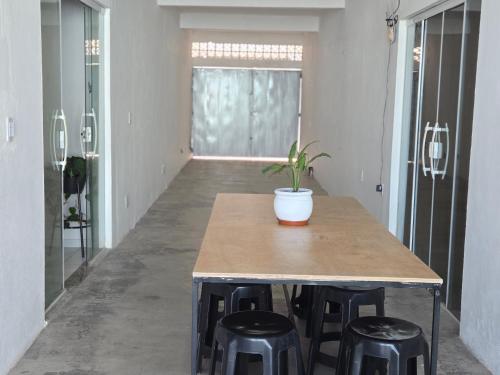 a table with a potted plant on it in a room at Espaço Bom Viver in Rio das Ostras
