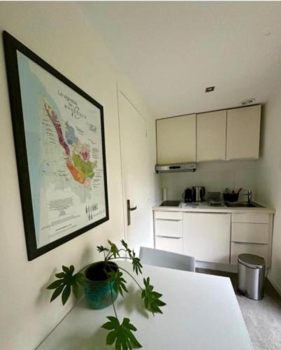 une cuisine avec une table et une photo sur le mur dans l'établissement Studio Chic de charme !, à Bordeaux