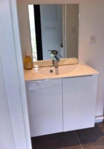une salle de bain avec un lavabo blanc et un miroir dans l'établissement Studio Chic de charme !, à Bordeaux