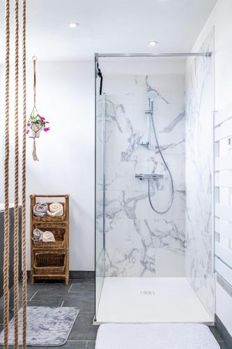 une salle de bain avec une douche avec une porte vitrée dans l'établissement Au Paradis Des Anges maison de village climatisé avec jardin, à Briatexte