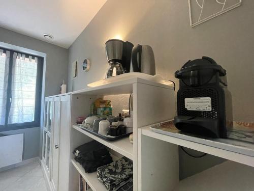 a kitchen with a coffee maker on top of a refrigerator at Domaine de Chevigneux in Chindrieux