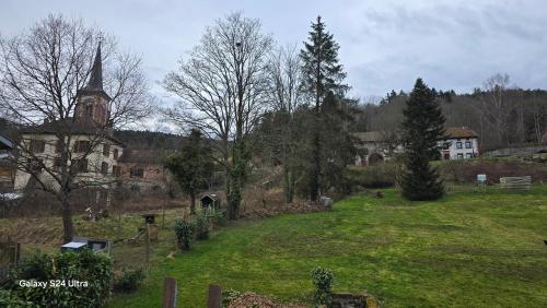 a green field with a building and a church at le refuge des sapins in Provenchères-sur-Fave