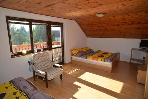 a bedroom with a bed and a chair and a window at Chalupa Na Vejhonu Jižná in Pluhův Žďár