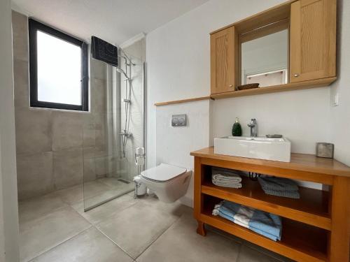 un bagno con wc, lavandino e doccia di Derya Beach Ağullu Villa 2 a Kaş
