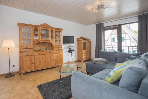 a living room with a blue couch and a entertainment center at Welcome in - Apartment 59-G 'Leni' direkt an der Piste, mit Balkon, Sauna und Schwimmbad in Winterberg