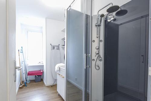 une salle de bain avec une douche avec une porte vitrée dans l'établissement Le Mermoz Wifi Balcon Parking, à Laval
