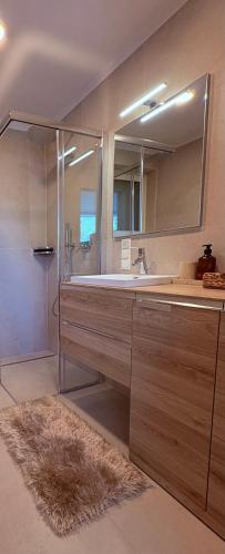 a bathroom with a sink and a shower and a mirror at Chalet Tschattlhof Dolomites in Ponte Nova