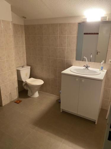 une salle de bain avec toilettes, lavabo et miroir dans l'établissement 85m2 villa with garden and private pool, à Vias