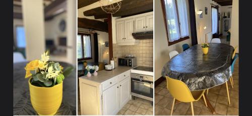 a kitchen with a black counter top and a yellow vase with flowers at Domaine Jeanne de Laval in La Bohalle