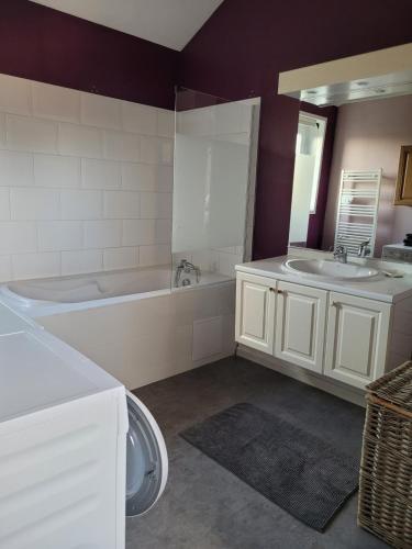 une salle de bain avec une baignoire, des toilettes et un lavabo dans l'établissement appartement de madame de souter, à Sequedin