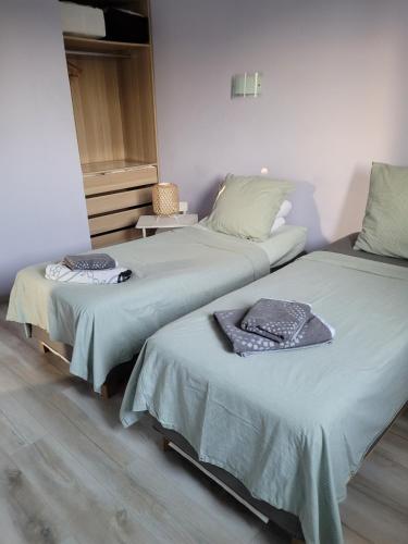 deux lits côte à côte dans une pièce dans l'établissement appartement de madame de souter, à Sequedin