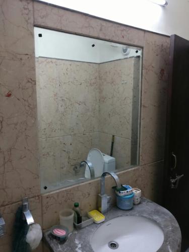 a bathroom sink with a large mirror above it at Cheerful two Bedroom Green Villa by Suvana Organics in Lucknow
