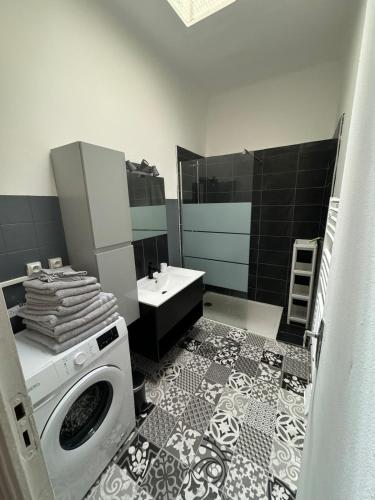 une salle de bain avec une machine à laver et un lavabo dans l'établissement Ollie des Carmes with Clim and Free parking 300m away, à Avignon