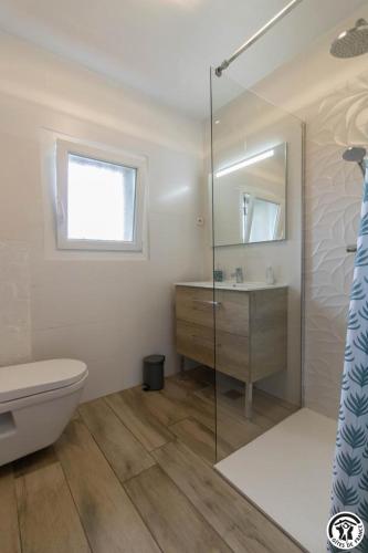 a bathroom with a shower and a toilet and a sink at La lande in Ponlat-Taillebourg