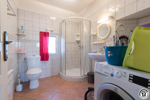 een badkamer met een douche, een toilet en een wasmachine bij Saint martin in Beaumont-sur-Lèze