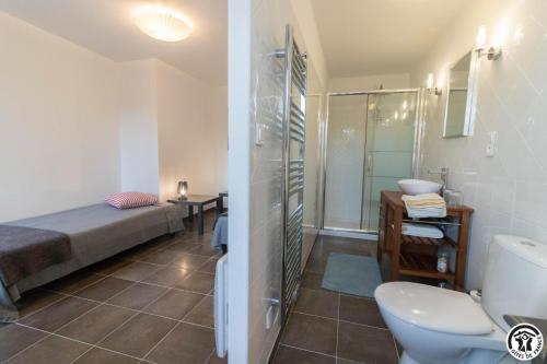 a bathroom with a bed a toilet and a shower at Le hérisson in Aurignac