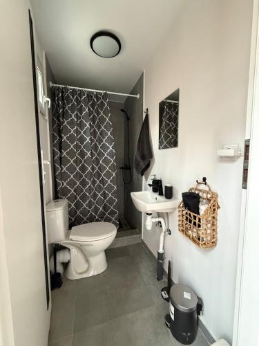 a bathroom with a toilet and a sink at Domek w lesie in Gnojno