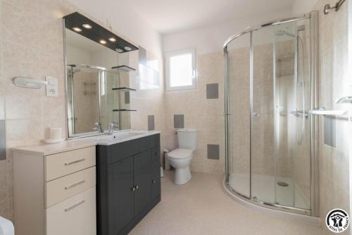 een badkamer met douche, wastafel en toilet bij Saint martin 2 in Beaumont-sur-Lèze