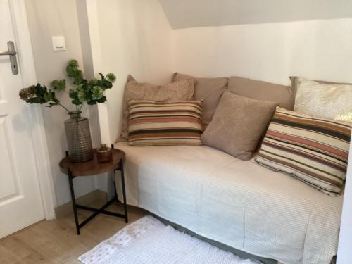 a couch with pillows on it in a room at Maison campagne rivière forêt in Le Brévedent
