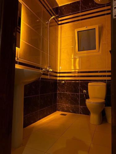 a bathroom with a toilet and a sink and a television at Anne 2 dahab in Dahab