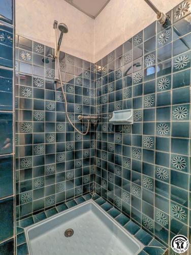 a blue tiled bathroom with a shower and a tub at Le pequerin in Oô