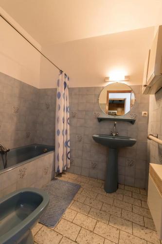 a bathroom with a sink and a tub and a mirror at Le clos de bérande in Oô