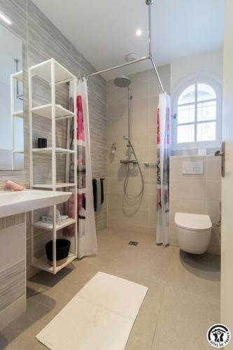 a bathroom with a shower and a toilet and a sink at Villa la sauzière in Buzet-sur-Tarn
