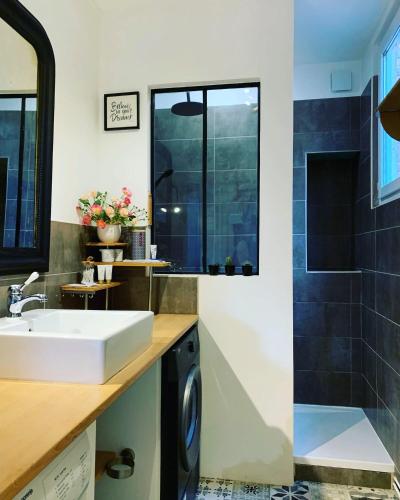 a bathroom with a sink and a washing machine at Villa Volclair Spacieux Duplex à 50m de la plage in Mers-les-Bains