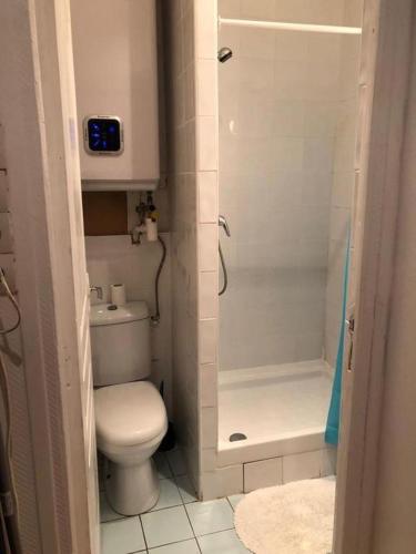 une petite salle de bain avec toilettes et douche dans l'établissement Cosy studios, à Alfortville