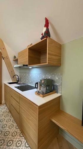 a kitchen with wooden cabinets and a sink with a stuffed animal at Leo et Lysele - Magnifique logement au calme à 15 minutes du centre ville de Strasbourg in Illkirch-Graffenstaden