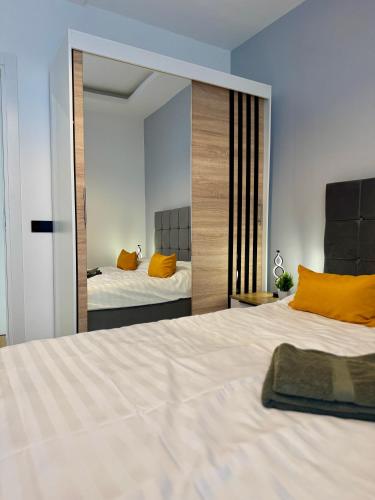 a bedroom with a large mirror and a bed at Cozy Flat in Baia Mare