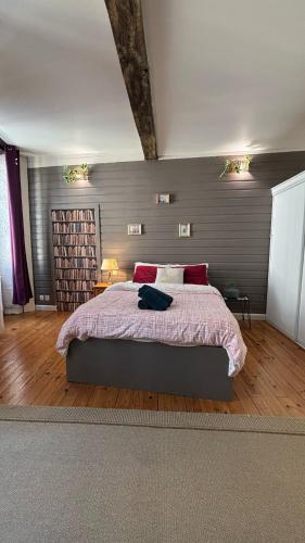 une chambre avec un grand lit avec des oreillers rouges dans l'établissement Cosy Eglantine 2 CH- Centre ville & Très Spacieux, à Pau