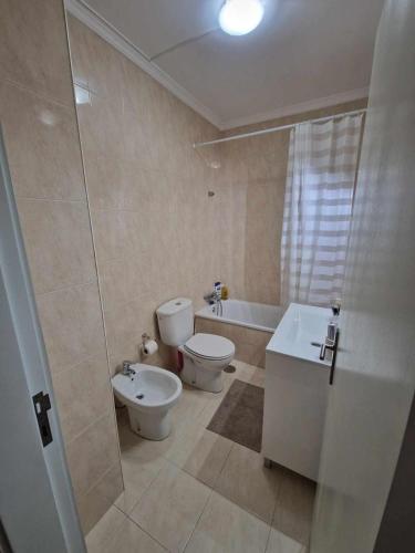 a bathroom with a toilet and a sink and a shower at apartamento Bitarães Paredes in Bitarães