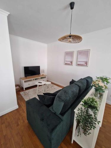 a living room with a green couch and a tv at apartamento Bitarães Paredes in Bitarães