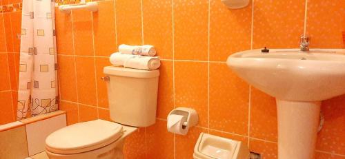 a bathroom with a toilet and a sink at Marlon's House Puno-Peru in Puno
