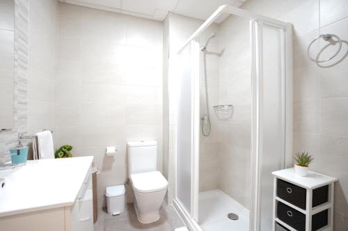 a white bathroom with a toilet and a shower at ADANAR-Las Columnas in Granada